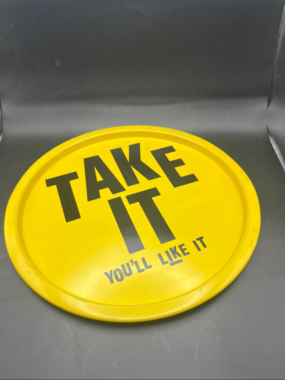 11” VTG Yellow 'TAKE IT you’ll like it” Serving Tray - 70s advertising art metal